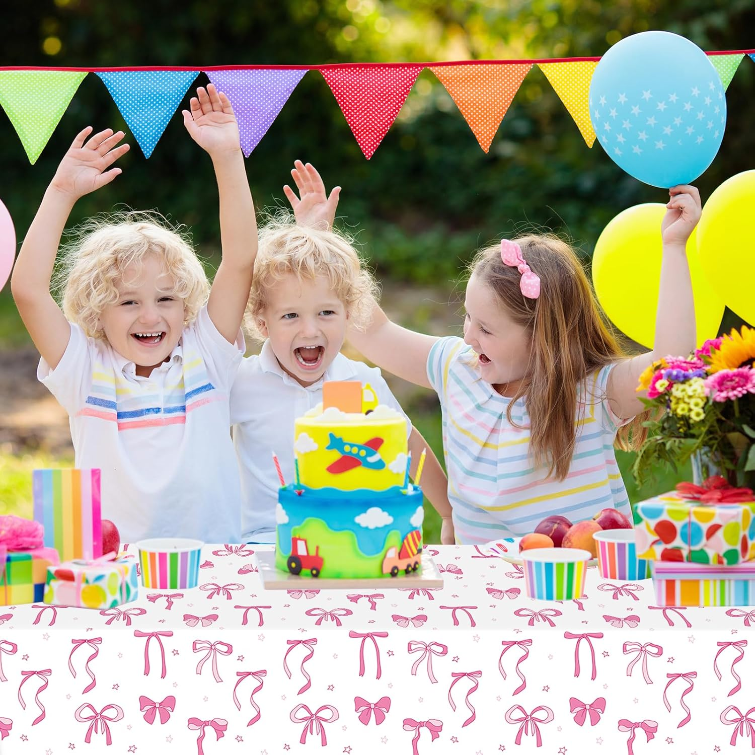 2 Pack Pink Bow Tablecloth Plastic 54 X 108Inch, Coquette Birthday Decorations Table Cloth Disposable Girls Birthday Party Supplies