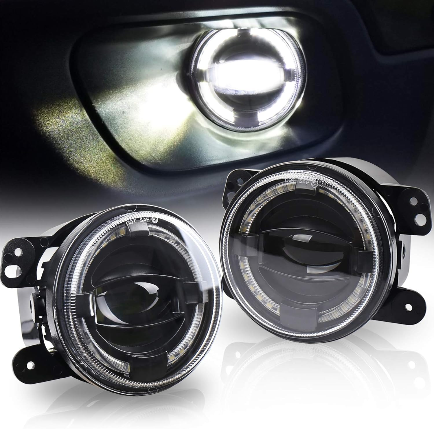 OVOTOR 4Inch LED Fog Lights 20W Fog Lamps with White Halo DRL Front Bumper Driving Fog Lights Compatible with Jeep Wrangler JK Dodge Chrysler