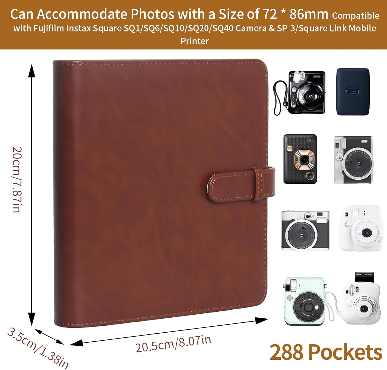 Photo Album with 288 Pockets Compatible with Fujifilm Instax Square SQ1/SQ6/SQ10/SQ20/SQ40 Camera & Sp-3/Square Link Mobile Printer, PU Leather Mini 3 Inch Album for Instax Square Film Photo (Brown) image number 4
