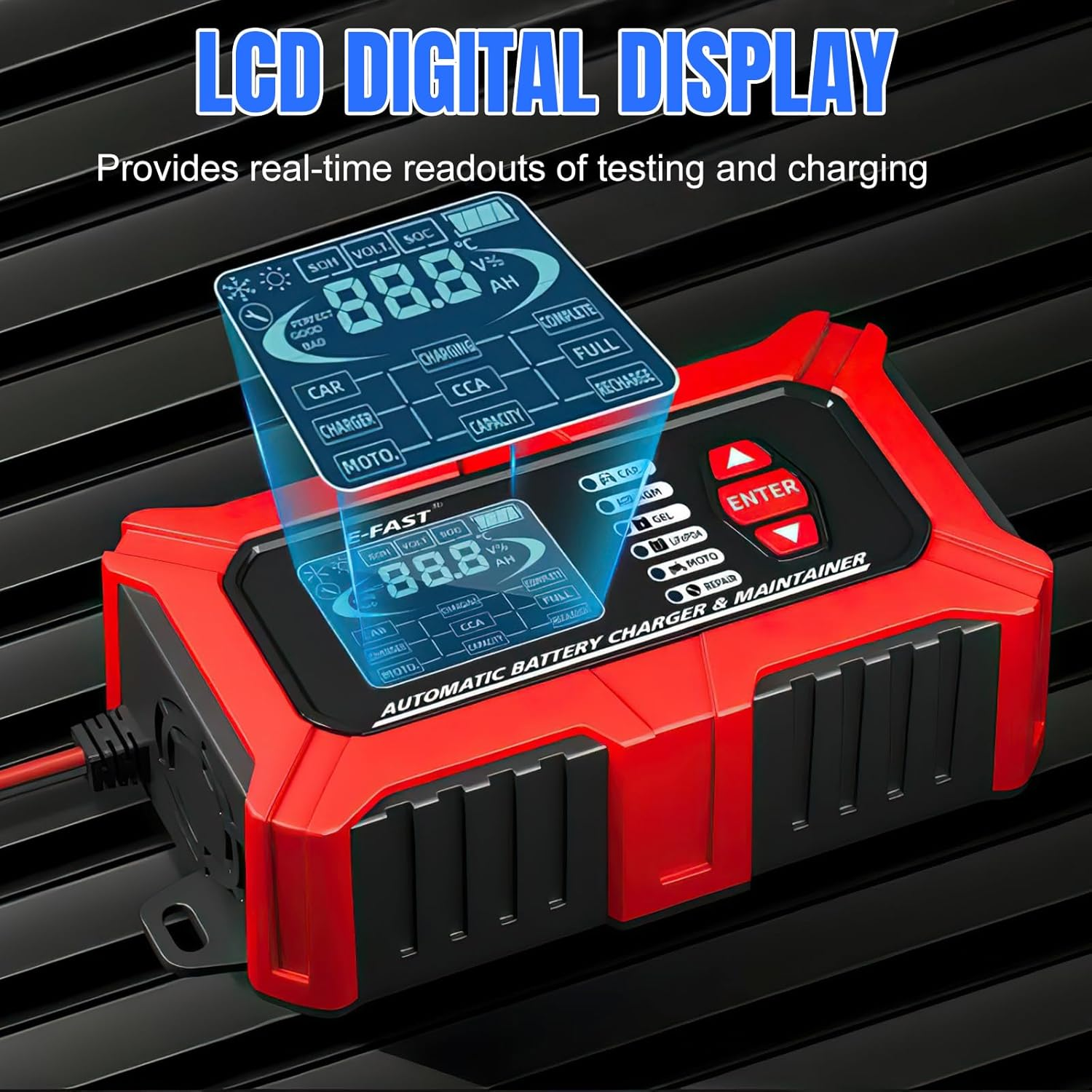 B-Qtech 12V/6A Smart Automatic Battery Charger with Tester/Maintainer Function, LCD Display for Car, Truck, Motorcycle, Lawn Mower, Boat, RV, SUV, ATV image number 1