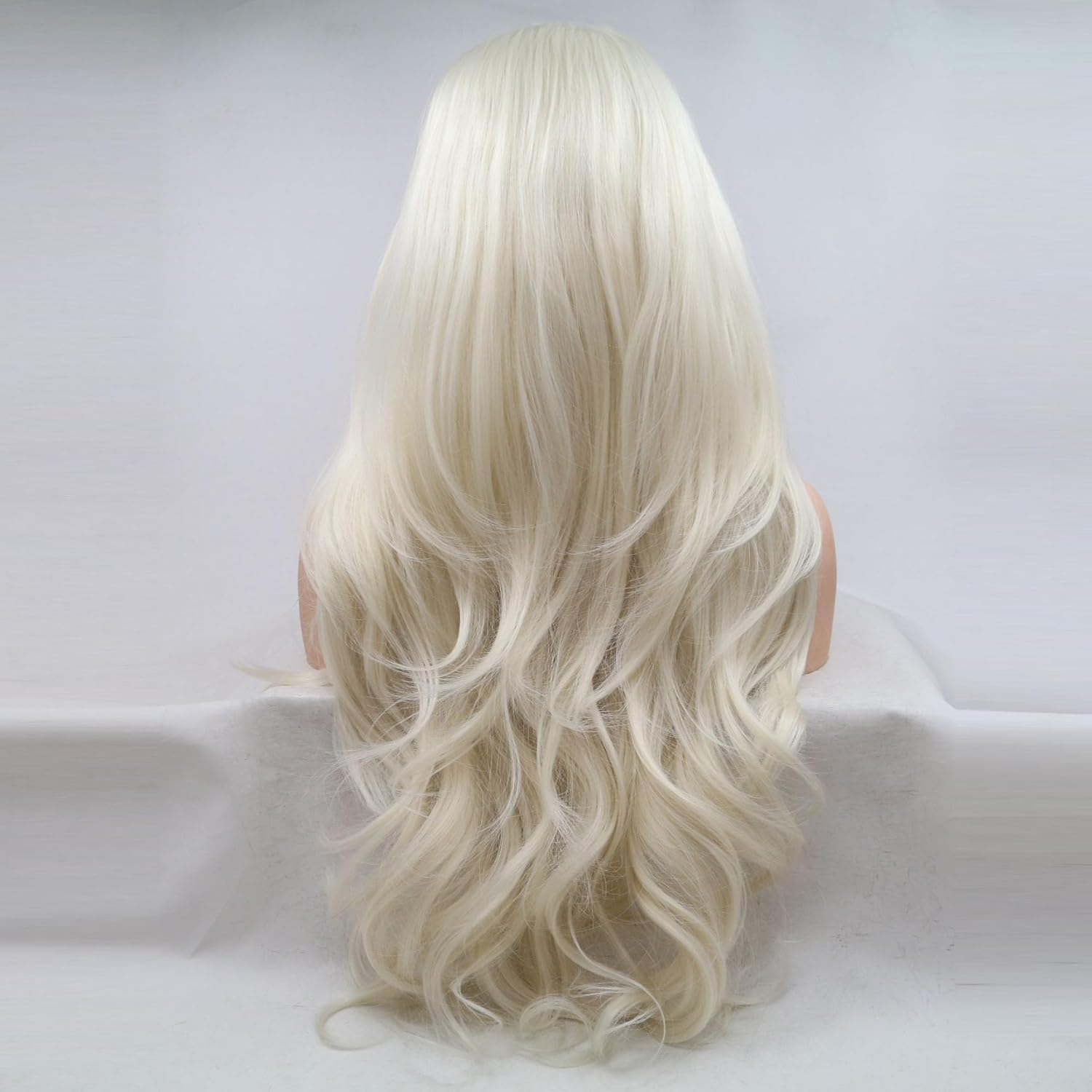 Xiweiya 60# Platinum Blonde Wig Long Body Wavy White Blonde Lace Front Wig Natural Hairline150% Density Hair -Reparement Wig Heat Resistant Fiber Half Hand Tied for Women Drag Queen 24Inch - Blue Green Yellow image number 2
