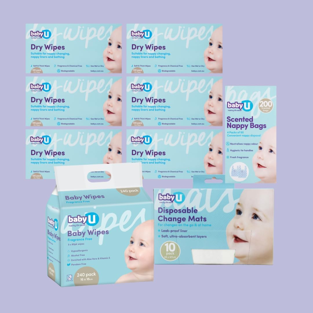 Babyu Nappy Change Essentials Bundle - Dry Baby Wipes, Fragrance Free Baby Wipes, Disposable Change Mats & Scented Nappy Bags image number 2