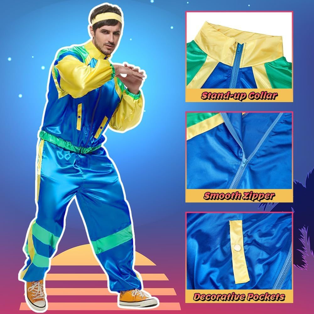AUTOWT 70S 80S Shell Suit, Men Women Lightweight Long Sleeve Tracksuit, Retro Color Block Hip Hop Windbreaker Disco Costume for Rock Festivals Carnival Parties Mardi Gras No Accessory image number 2