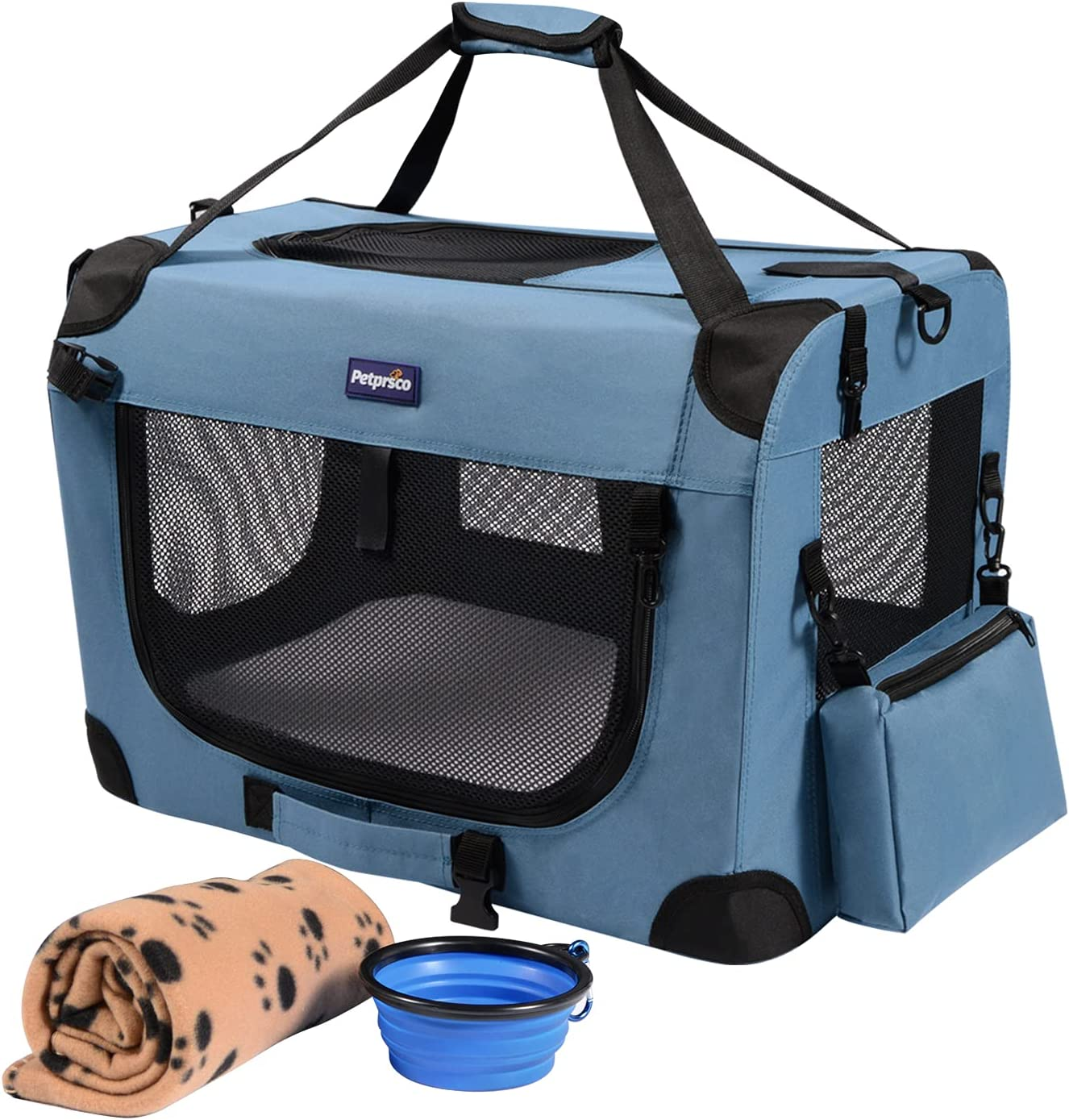 Petprsco Portable Collapsible Dog Crate, Travel Dog Crate 24X17X17 with Soft Warm Blanket and Foldable Bowl for Large Cats & Small Dogs Indoor and Outdoor