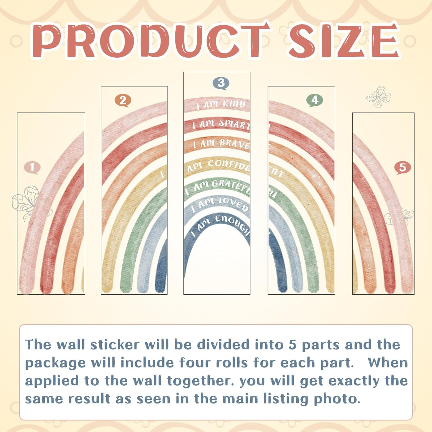 Tinideya 76.77X47.24'' Watercolor Large Rainbow Wall Decal Classroom Wall Decor with Inspirational Quote Peel and Stick Stickers Waterproof Wallpaper for Girls Kids Bedroom Nursery Playroom(Cute) image number 2