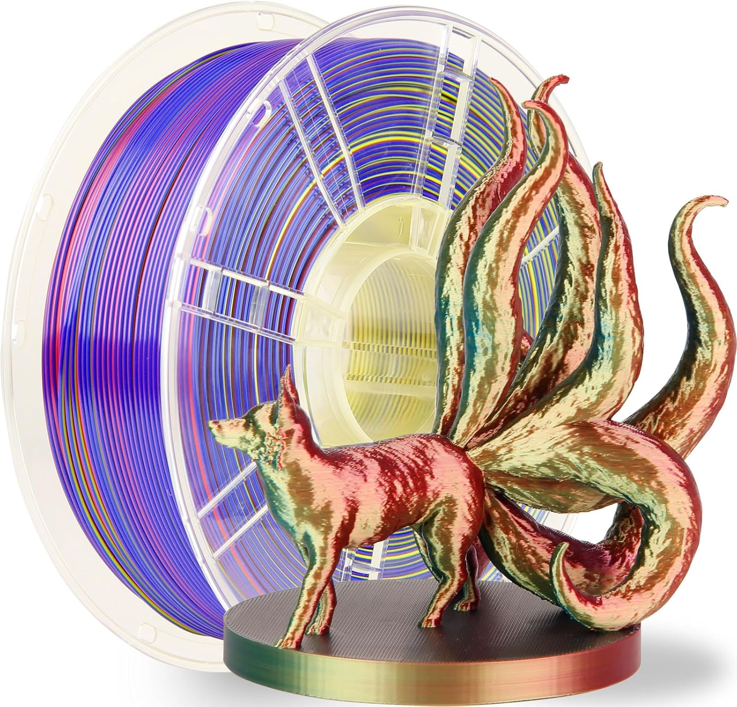 LVVJ3D Silk PLA 3D Printer Filament, Tri Colour Silk Red, Yellow, Blue Rainbow Filament, Rainbow PLA 3D Printer Filament, Clean Wound Dimensional Accuracy +/-0.03Mm, 1Kg/Spool - Matte Rainbow Pla image number 2