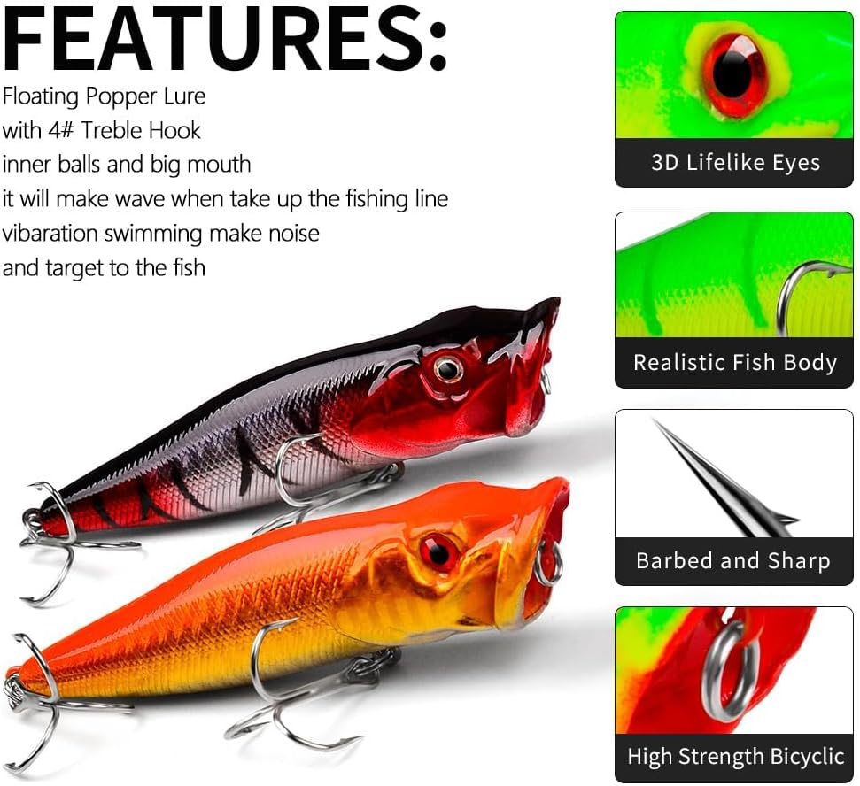 Origlam 5Pcs Floating Topwater Popper Fishing Lure 9Cm, Popper Fishing Lures Treble Hooks Fishing Tackle Accessory, Artificial Surface Fishing Lures for Pike Bass Salmon image number 3
