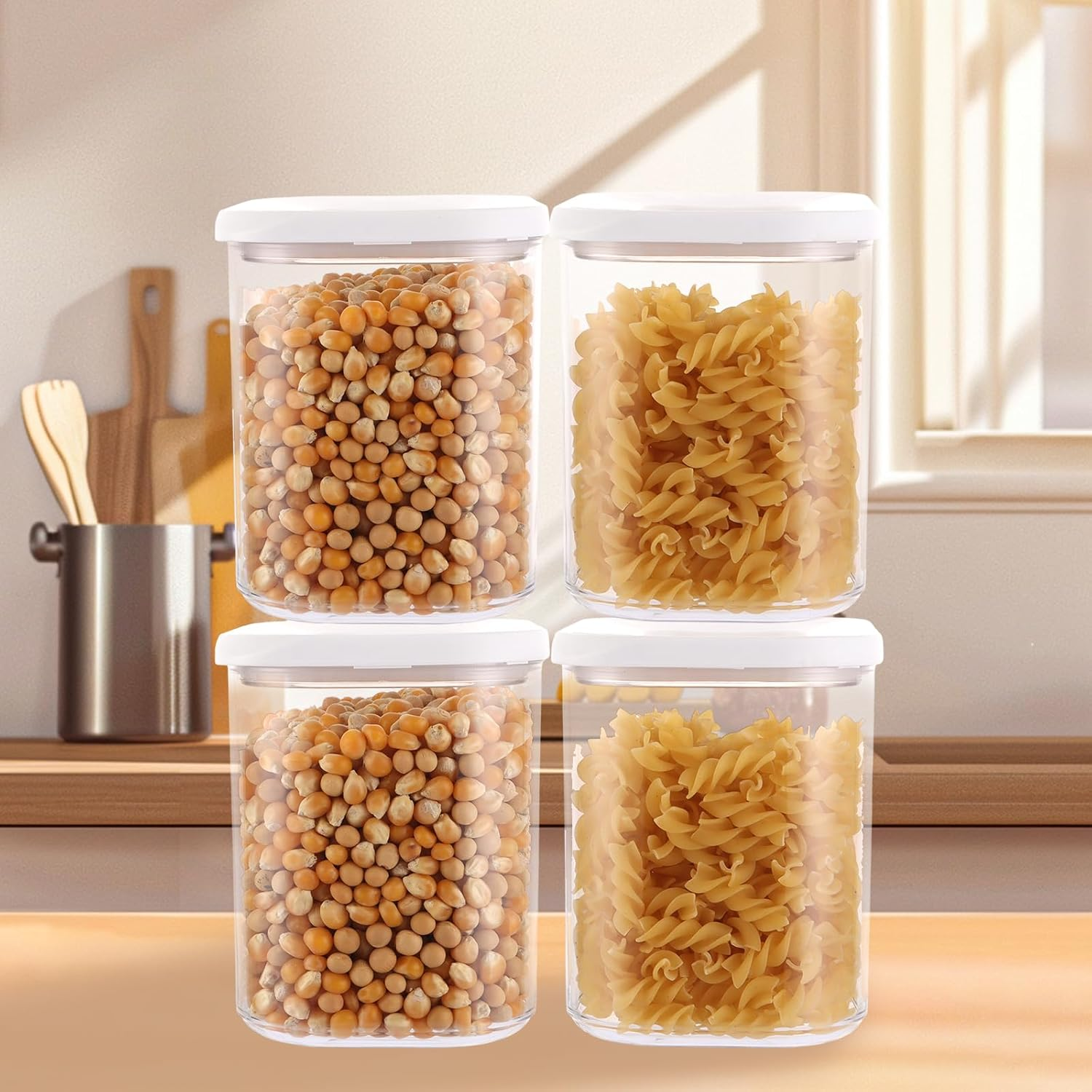 Set of 5 Plastic Storage Jars with Lid, Airtight, 1000 Ml, Rectangular Kitchen Storage & Organisation, White Containers, Cornflakes for Sealing and Preserving Food image number 2