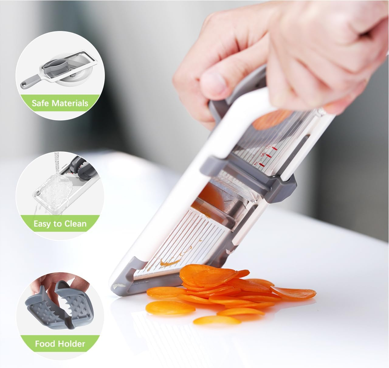 YAMJUG Handheld Mandoline Slicer, Kitchen Slicer with Adjustable Stainless Steel Blade and Food Holder,Easy to Clean, Good Grip Fruits and Vegetable Cutter image number 1