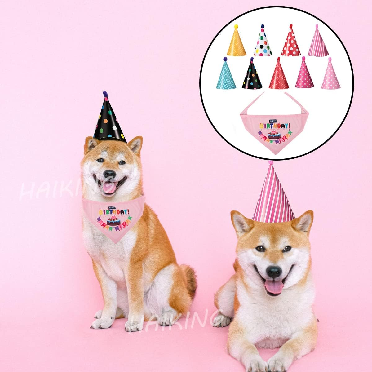 HAIKING Dog Birthday Bandana and Hat Set, 9 Pcs Mixed Color Triangle Birthday Dog Cute Hat with 1 Pcs Adjustable Birthday Bandana for Pet Party Celebrate image number 1