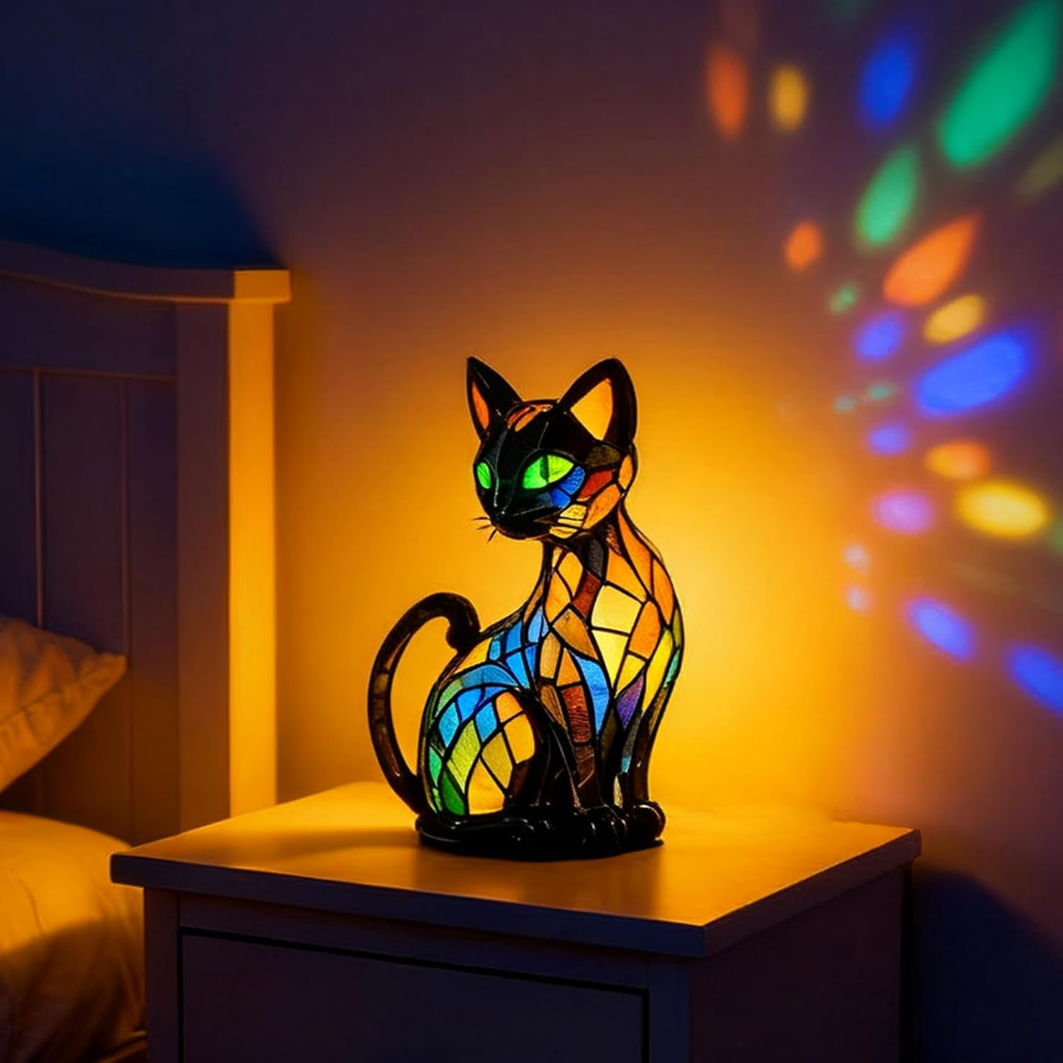 Cat Stained Glass Lamp, Resin Luminous Stained Glass Cat Lamp 17X10X10Cm, Cats Bedside Lamps Led Nightlight, Vintage Glasss Cats Lamps Desk, Handmade Resin LED Animal Bedside Table Night Light image number 2