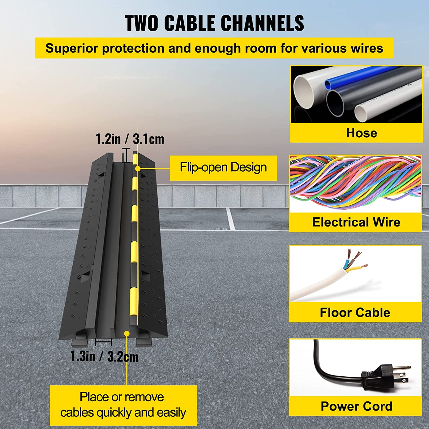 Happybuy 3 Pack of 2 11000Lbs per Axle Capacity Protective Wire Cord Ramp Driveway Rubber Traffic Speed Bumps Cable Protector (2-Channel, 3Pack), image number 6