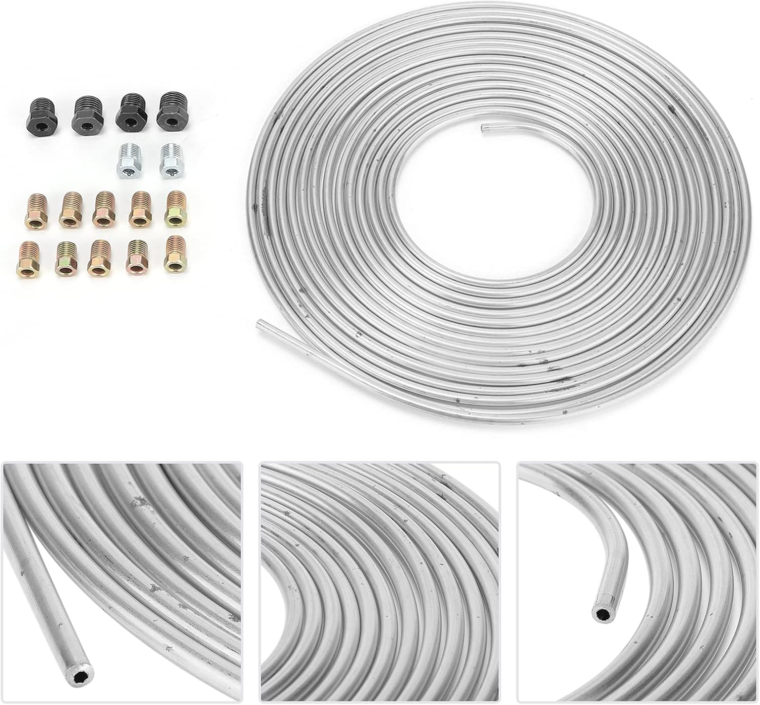 25Ft Brake Line Tubing, Copper Nickel Plated, 3/16In OD with Fittings, for Hydraulic Braking Fuel System, Silver image number 3