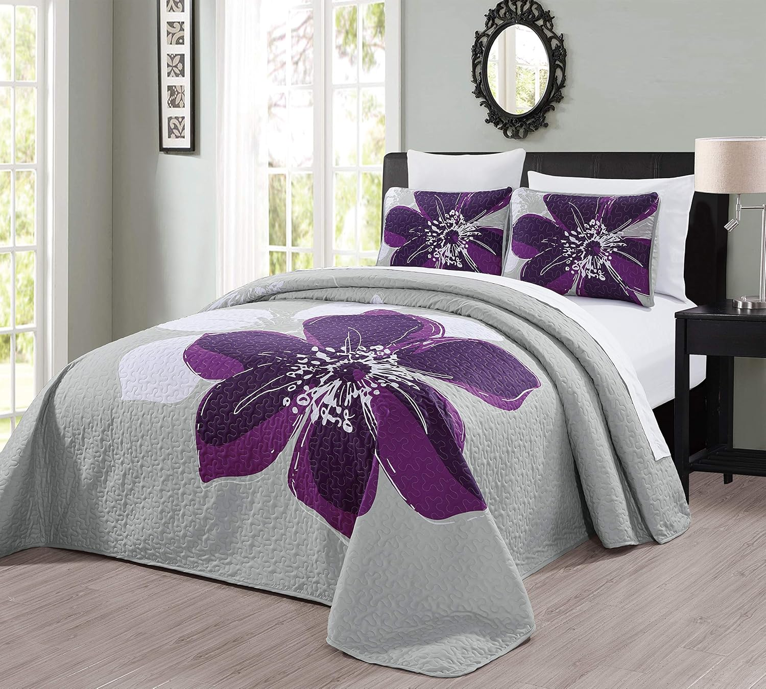 Grandlinen 3-Piece Fine Printed Oversize (100" X 95") Quilt Set Reversible Bedspread Coverlet Queen Size Bed Cover (Grey, Teal Blue, Medallion) image number 3