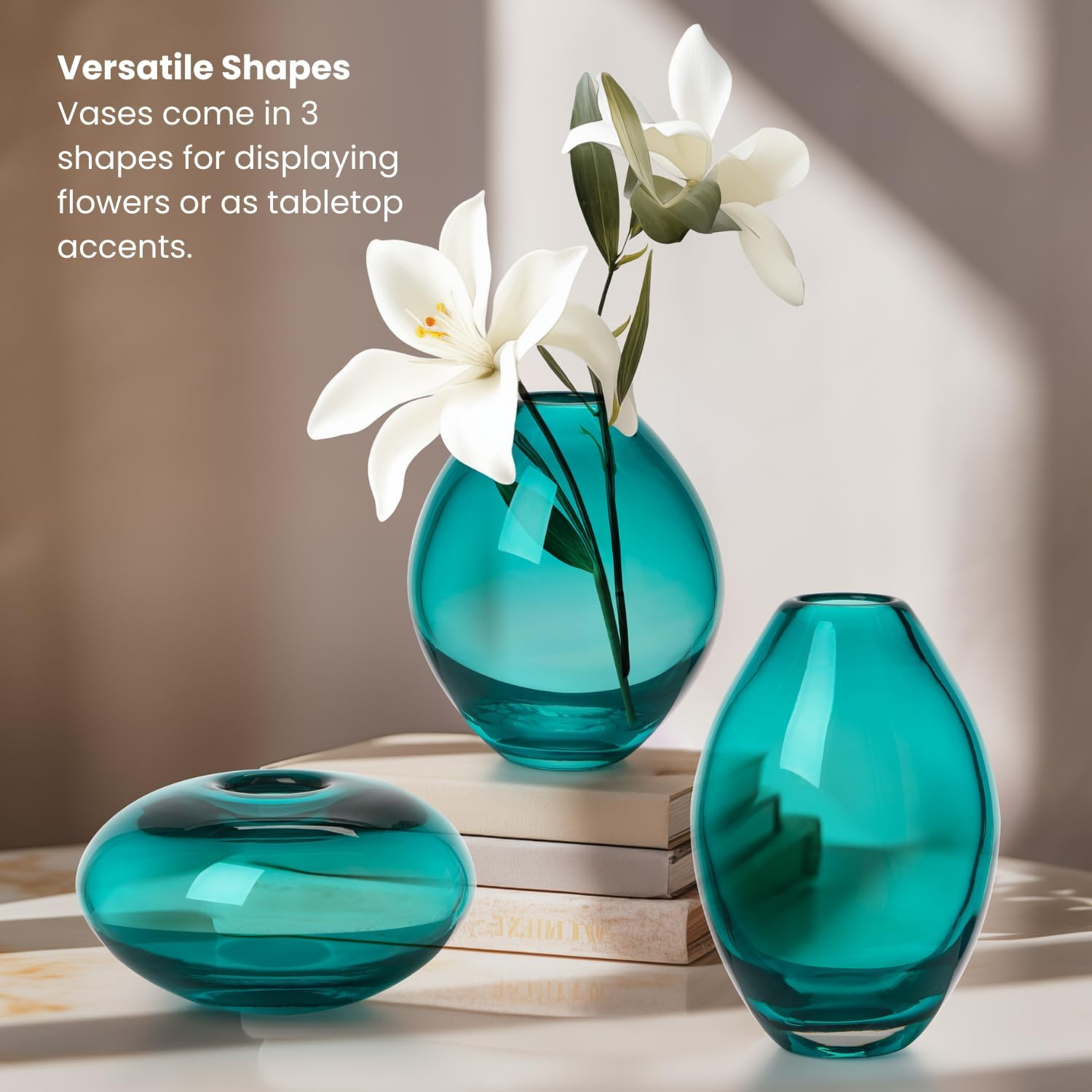 Torre & Tagus Mini Glass Vases | Art Glass Bud Vase Set of 3 Small Flower Vases for Home Decor, Dark Teal Vase for Table Decor, Handblown Clear Glass Vases for Flowers, Handmade Glass Teal Decor - Turquoise image number 4