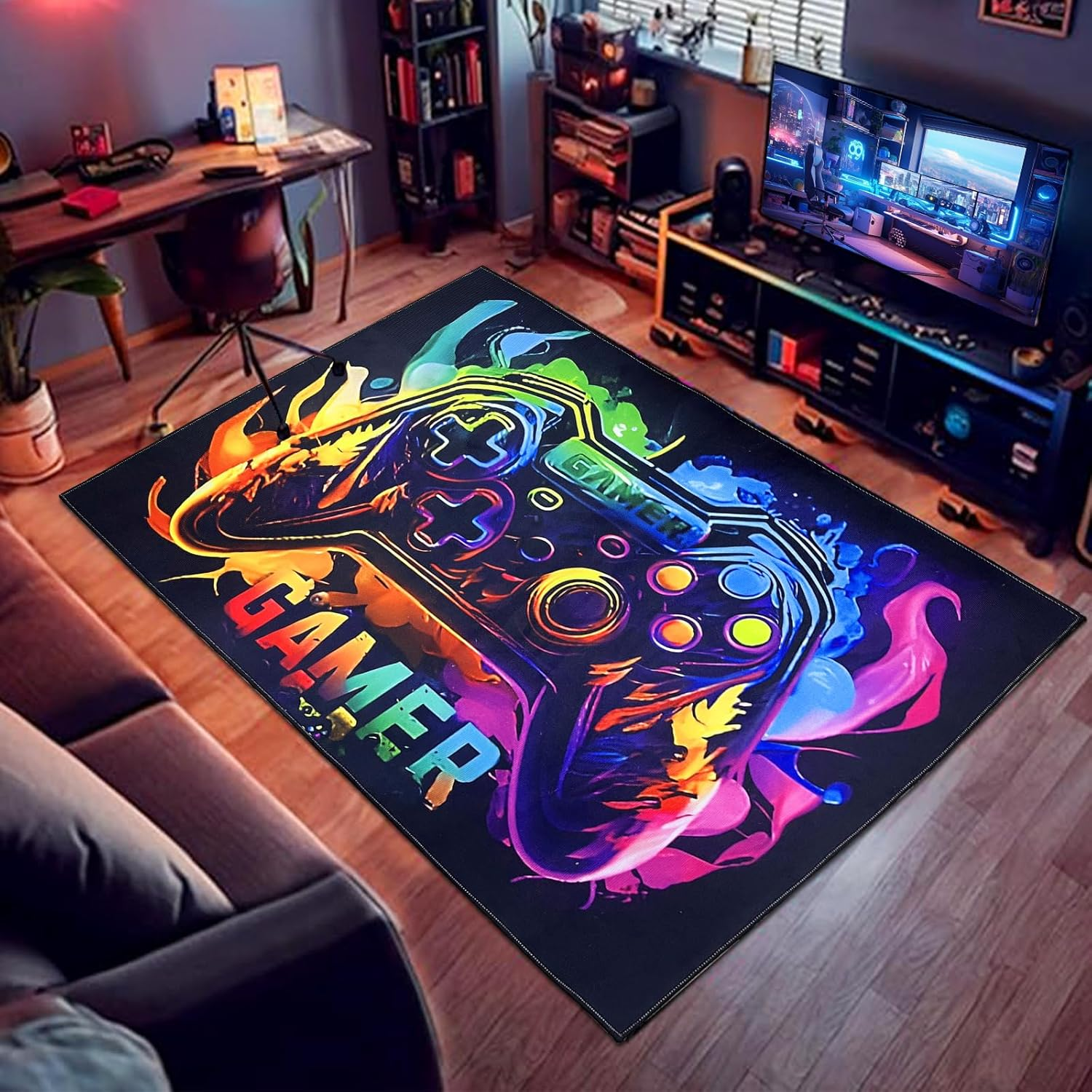 Gaming Rug for Boy Room, Non-Slip Play Carpet for Playroom, 3D Colorful Gamer Play Mat Fun Activity Centerpiece Playmat Area Rugs for Kids World Decor Floor Mat (Color 5, 80 * 120 Cm)