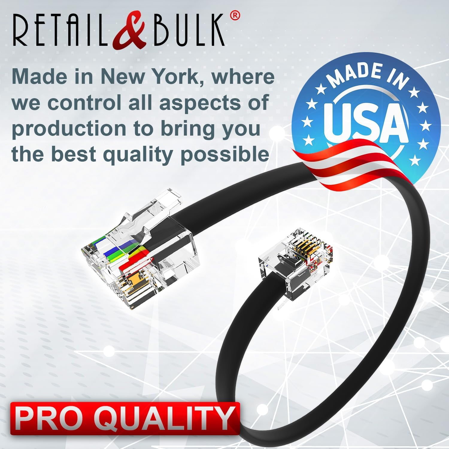 12 Inch Premium Quality Telephone Cable, RJ11 Male to Male 6P4C Phone Line Cord. Made in USA by Retail&Bulk (Black) image number 4
