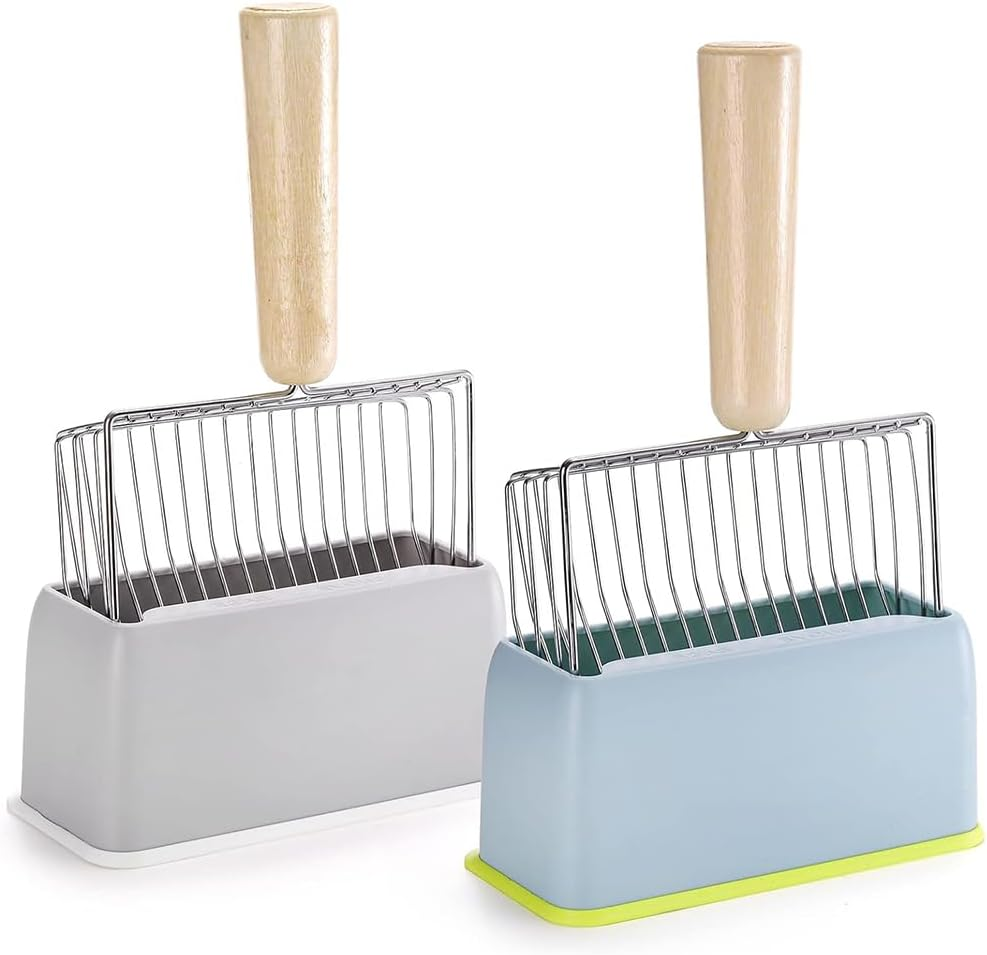 Two-Piece Metal Cat Litter Scoop (With Stand), Stainless Steel Cat Litter Scoop (With Wooden Handle), Cat Litter Box Special Cat Feces Scoop, Can Quickly Filter (Grey and Blue) image number 5