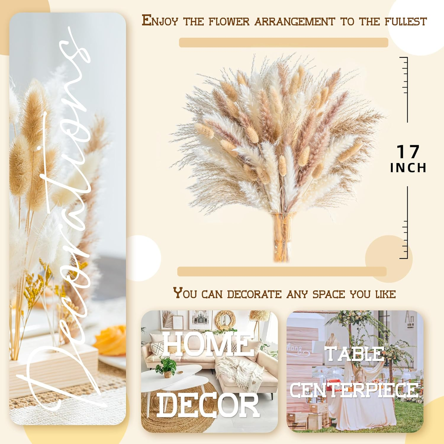 180PCS Natural Pampas Grass Mix Bouquet | Dried Pampas Bouquet for Wedding Boho Flowers Home Table Decor Desk Decor, Rustic Farmhouse Decor (180PCS) image number 2