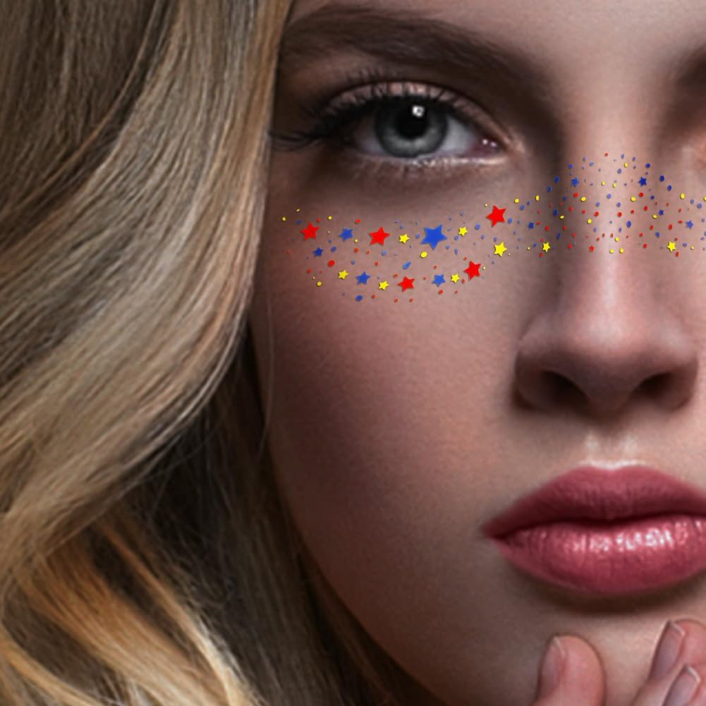 LOPHE Temporary Freckles Tattoos, 12PCS Freckles Glitter Temporary Tattoos Anti-Hearing Waterproof Tattoos Colorful Stars Dots for Carnival Shows Party Festival image number 1