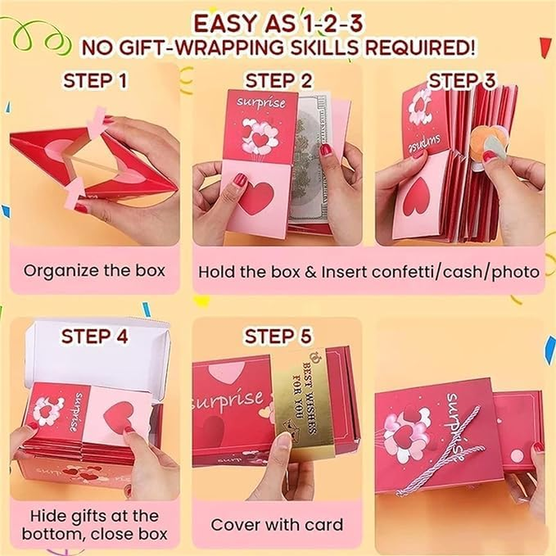 Surprise Gift Box Explosion for Money, 2026 New Unique Folding Bouncing Red Envelope Gift Box for Christmas Birthday New Year & Anniversary Parties (Red) image number 4