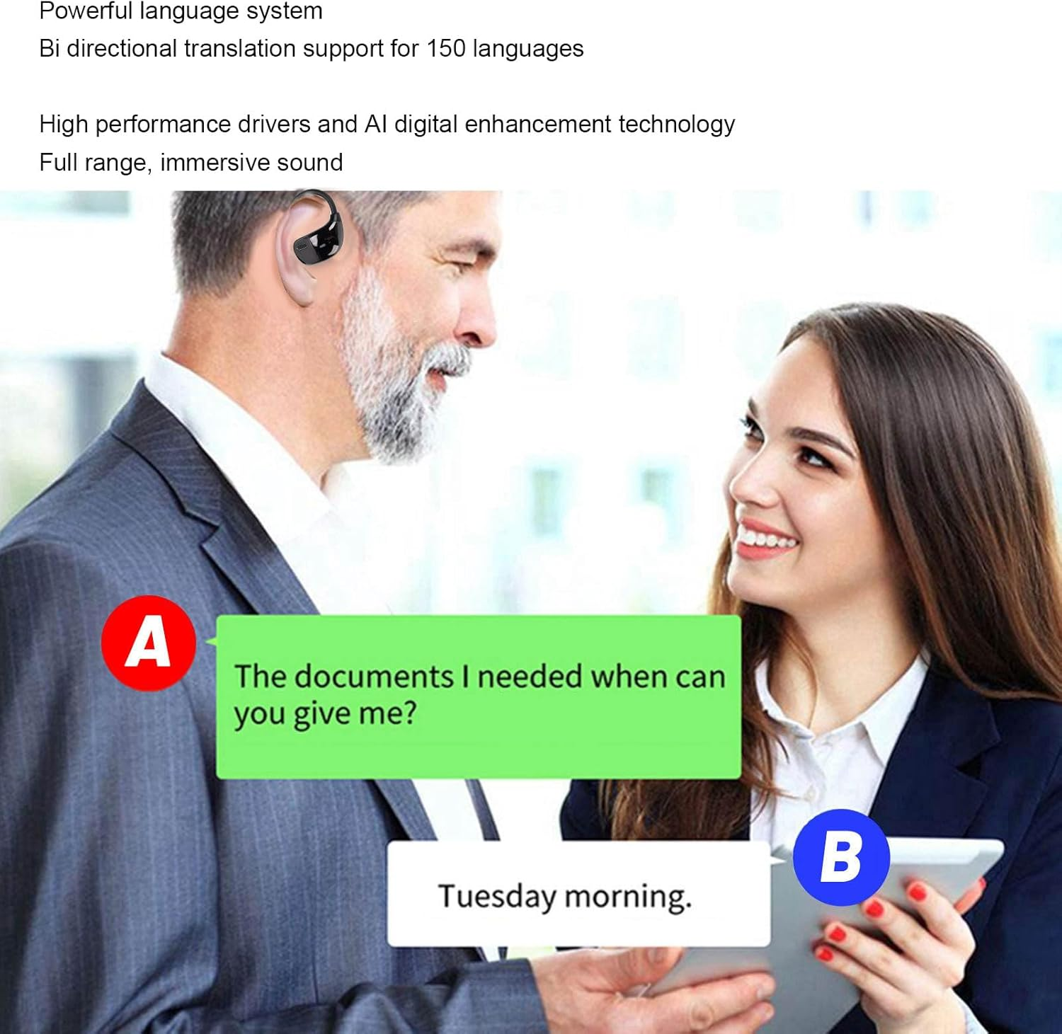 SENECESLI AI Language Translation Earbuds, Bluetooth Translation Earphones with Multifunctional Touch Screen Translator for 144 Languages, Noise Cancelling, for Travel Business Learning image number 4