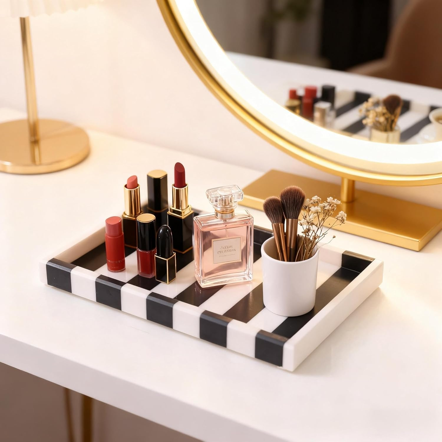 Striped Natural Marble Tray, Black White Geometric Rectangular Tray, Vanity Organizer for Jewelry, Makeup, Bath Essentials, Modern Home Decor