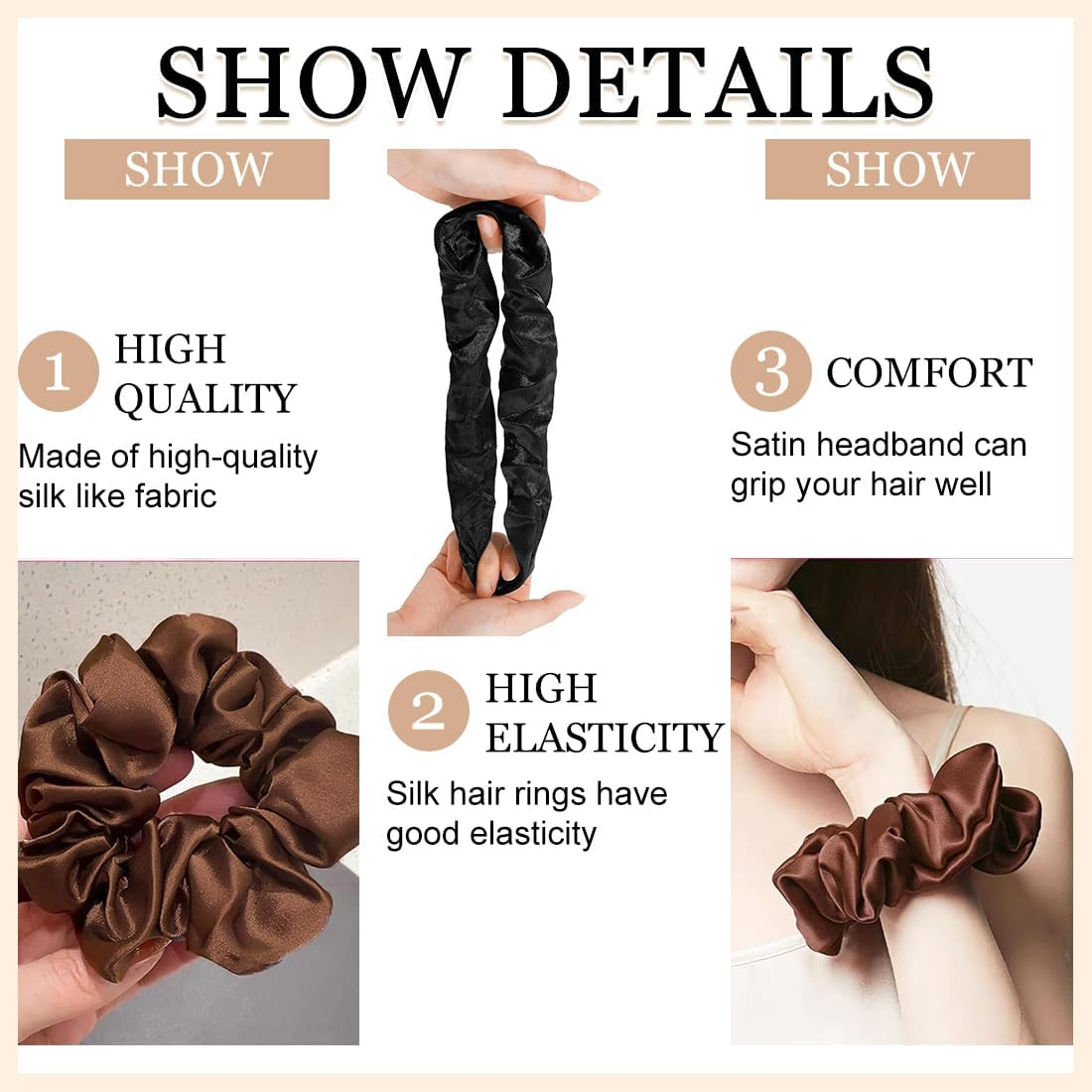 Pack of 6 Satin Hair Scrunchies for Women, Premium Velvet Hair Bobbles, Plain Elastic Thick Bands, Hair Scrunchies Soft Elastic Silk Skrunschis Large image number 2