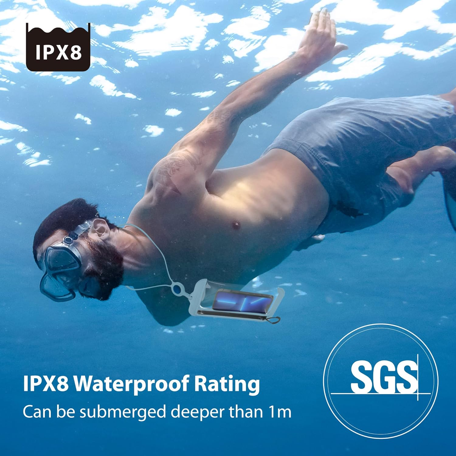 BONE Waterproof Phone Pouch, IPX8 Waterproof Phone Case for Swimming Dry Bag Underwater with Lanyard for Snorkeling Boating Fishing Compatible with Iphone, Samsung Galaxy Pixel, Lanyard- Black image number 6