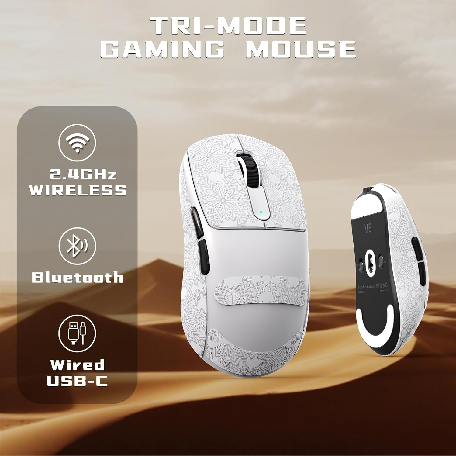 ATTACK SHARK V5 Wireless Gaming Mouse 55G Ultra-Lightweight PAW3950MAX 42K DPI Sensor 8000Hz Polling Rate Tri-Mode-Bluetooth/2.4Ghz/Wired Mice with Coiled Cable for Large Hand-White&Tape