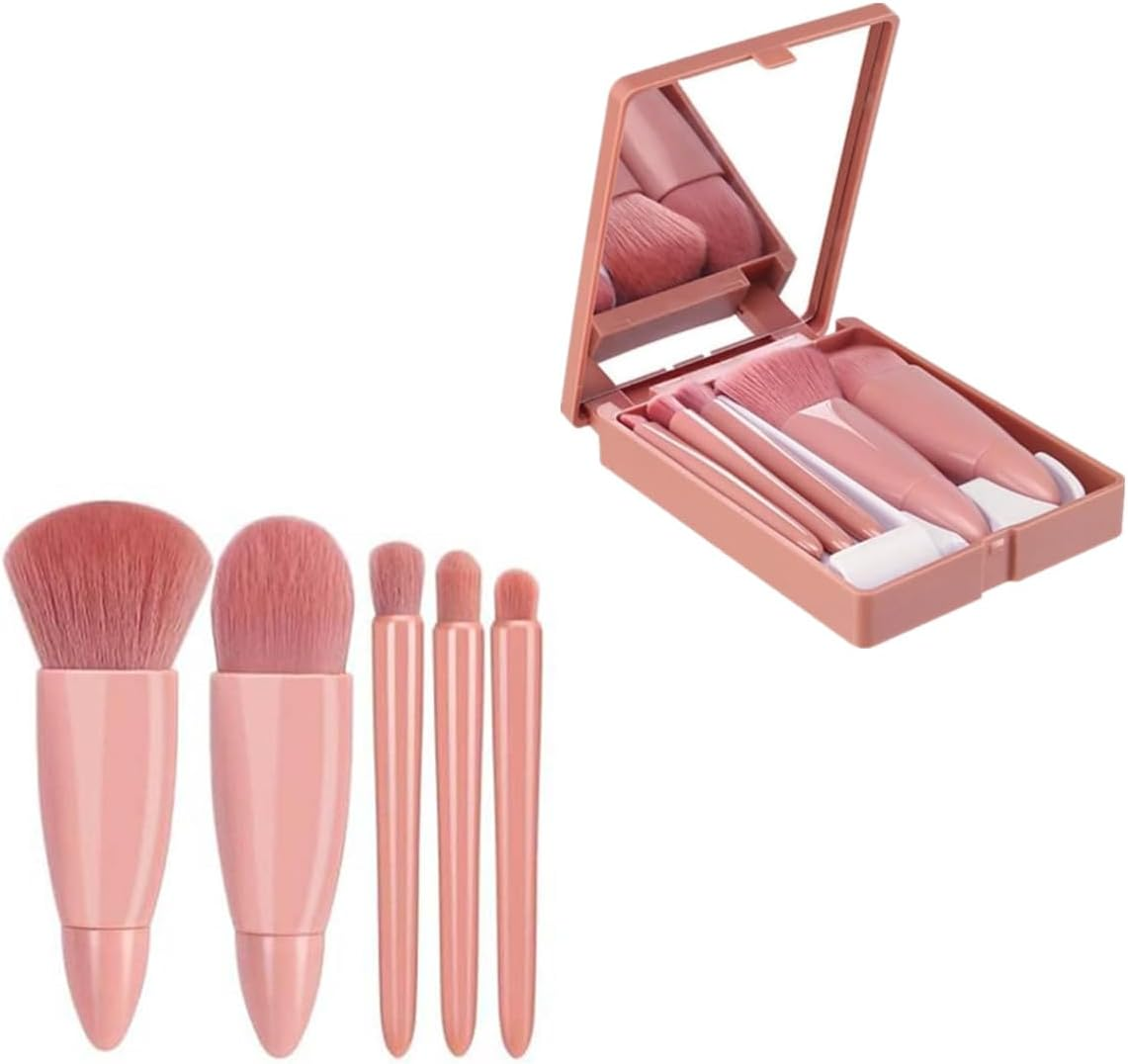 Travel Makeup Brush Set, 5Pcs Mini Make up Kit Portable Complete Function Cosmetic Brushes Kit Cheap Makeup Brush Kit Cute Makeup Brush for Eyeshadow, Powder, Foundation, Blush(5Pcs+Mirror)