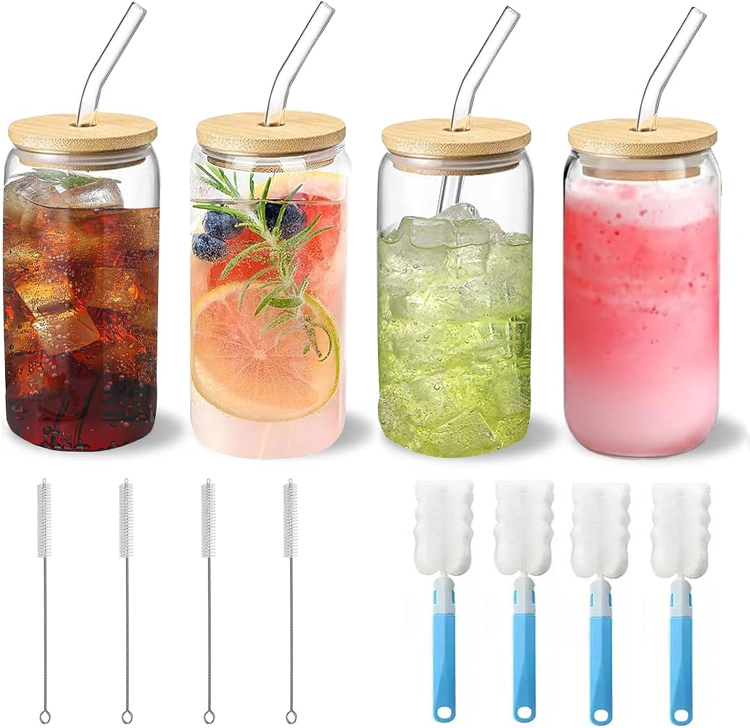 TFMOJHST 4Pcs Drinking Glasses with Bamboo Lids and Glass Straw-16 Oz Iced Coffee Glasses with Lids and Straws, Can Glass Cups Used for Beer/Milk/Soda Boba Etc.Include Can Glasses Cleaning Brushes image number 6