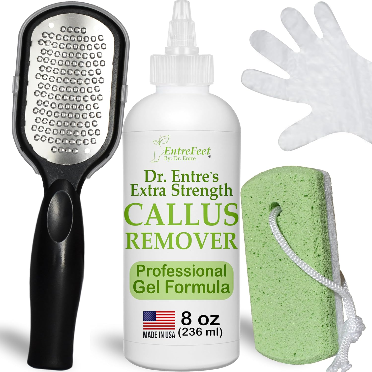Dr. Entre'S Callus Remover Gel Kit for Feet: Foot File, Pumice Stone, 5 Glove Pairs for Gel Application, Spa Kit, Foot Care, Pedicure Tools, Scrubber, 8Oz image number 2