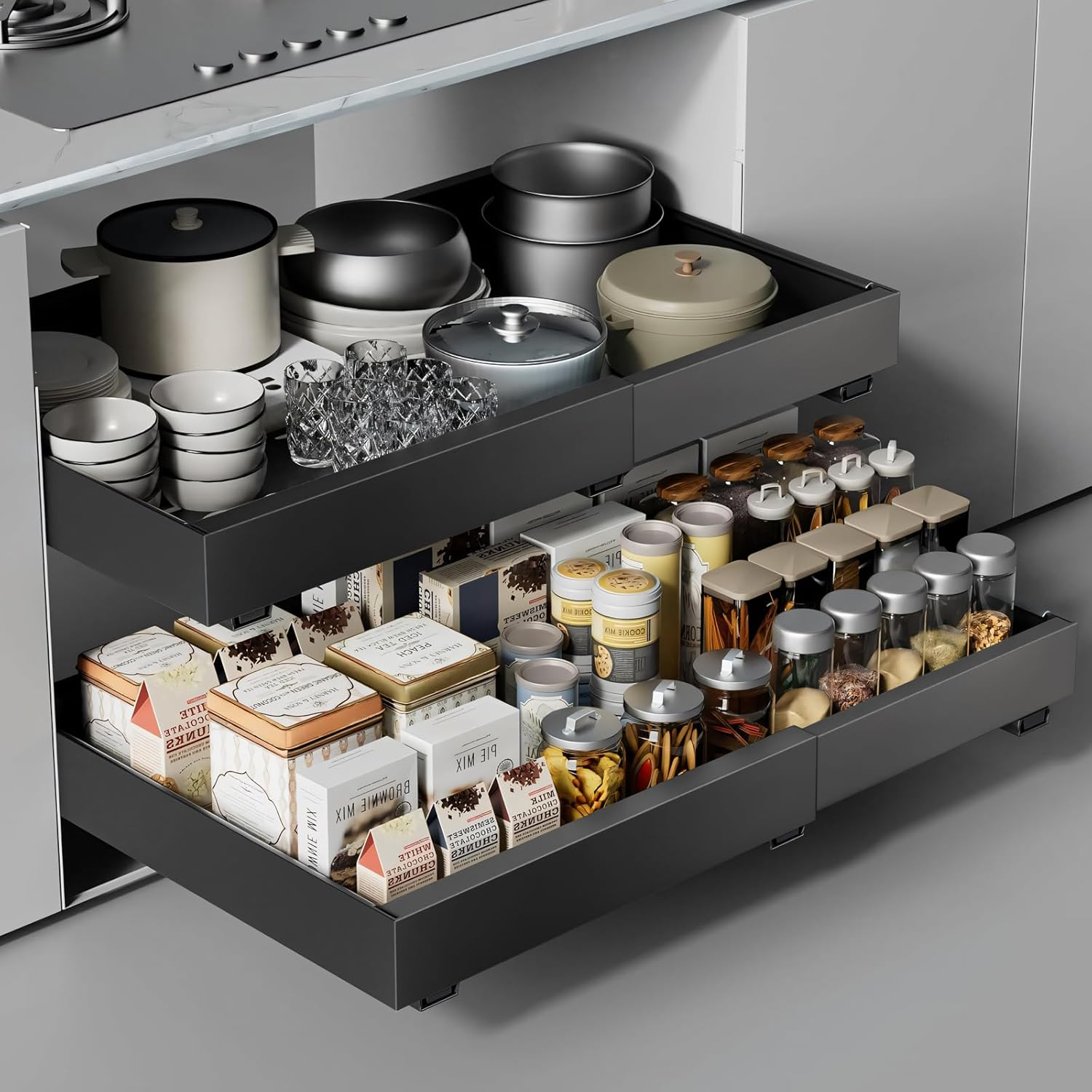 2 Pack Pull Out Cabinet Organizer, Expandable (12.6-18.9In) Pull Out Drawers for Cabinets with Adhesive Slide Out Drawers for Kitchen Pantry Bathroom Home Storage, Black image number 3