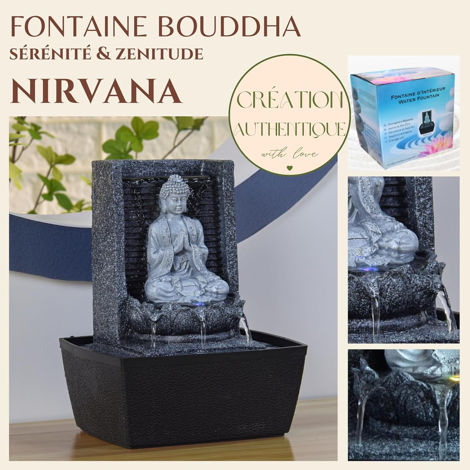 Zen'Light Nirvana Indoor Fountain, Waterfall with Buddha and White LED Lighting, Modern Zen Decoration, Ideal for Meditation and Relaxation, Feng Shui, Height 26 Cm image number 1