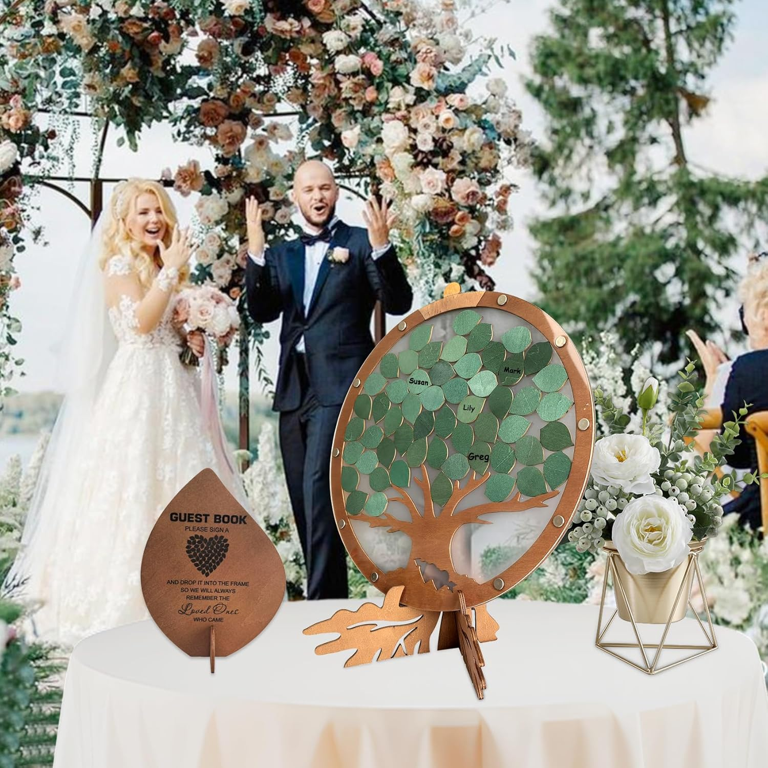 PAMBO Wedding Guest Book Alternative with 55 Green Leaves,Rustic Wooden Family Signing Tree Guest Book - 12" Handcrafted Wedding Decoration & Keepsake