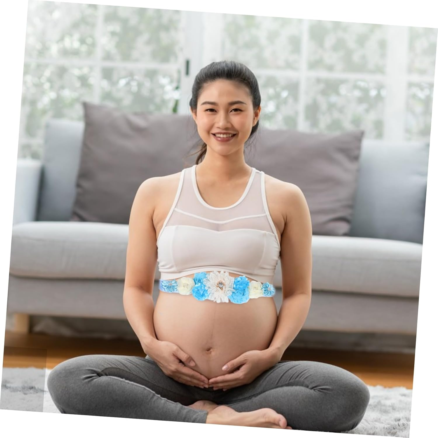 Pregnancy Sash Maternity Flower Belt Belly Band Sky Blue Adjustable Belly Band Adorned Flowers and Rhinestones for Maternity Shoot Baby Shower Photos image number 6