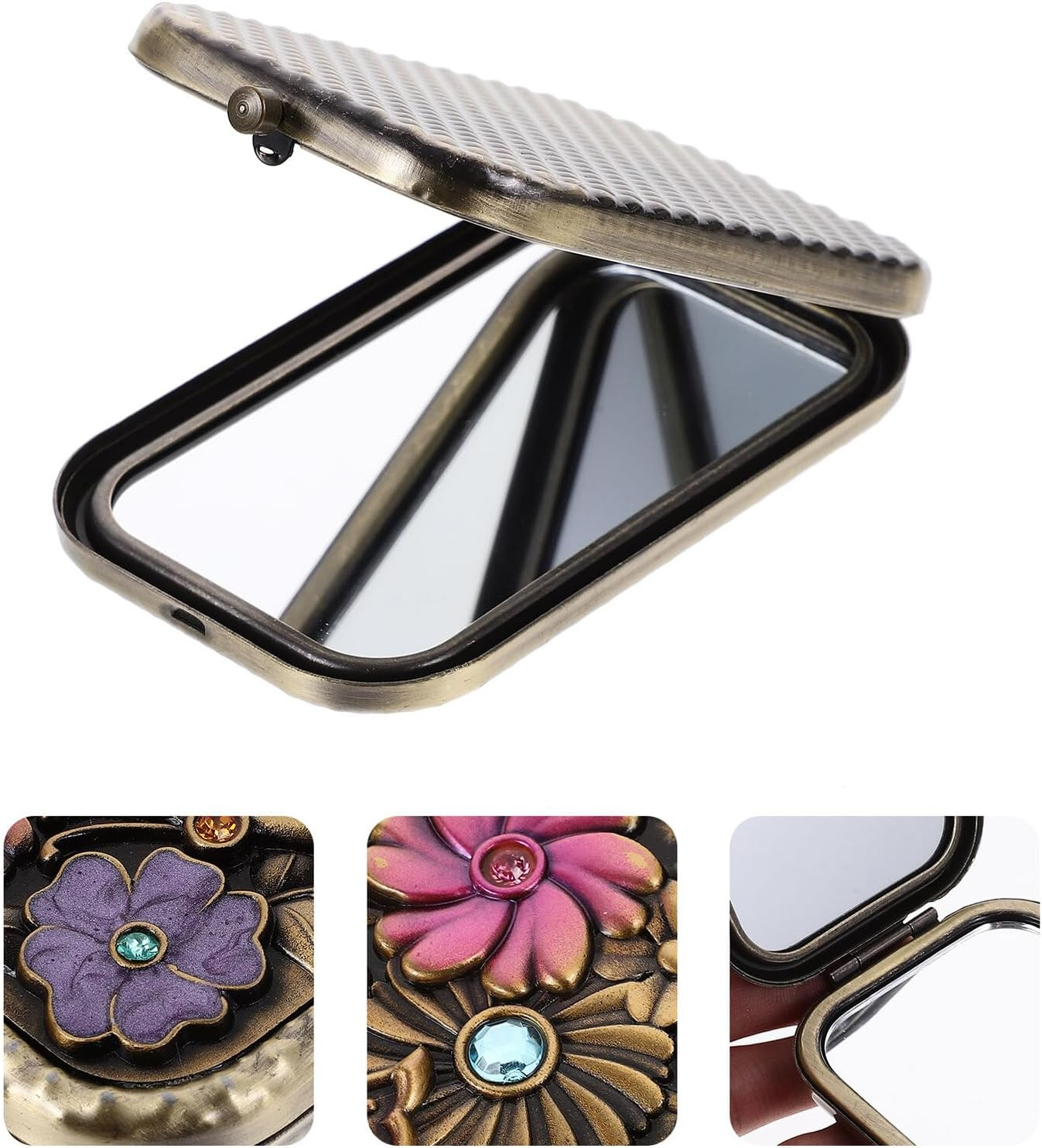 MUSISALY Vintage Double-Sided Foldable Makeup Mirror Metal Compact Cosmetic Mirror for Women Portable Vanity Suitable for Travel and Wedding image number 6
