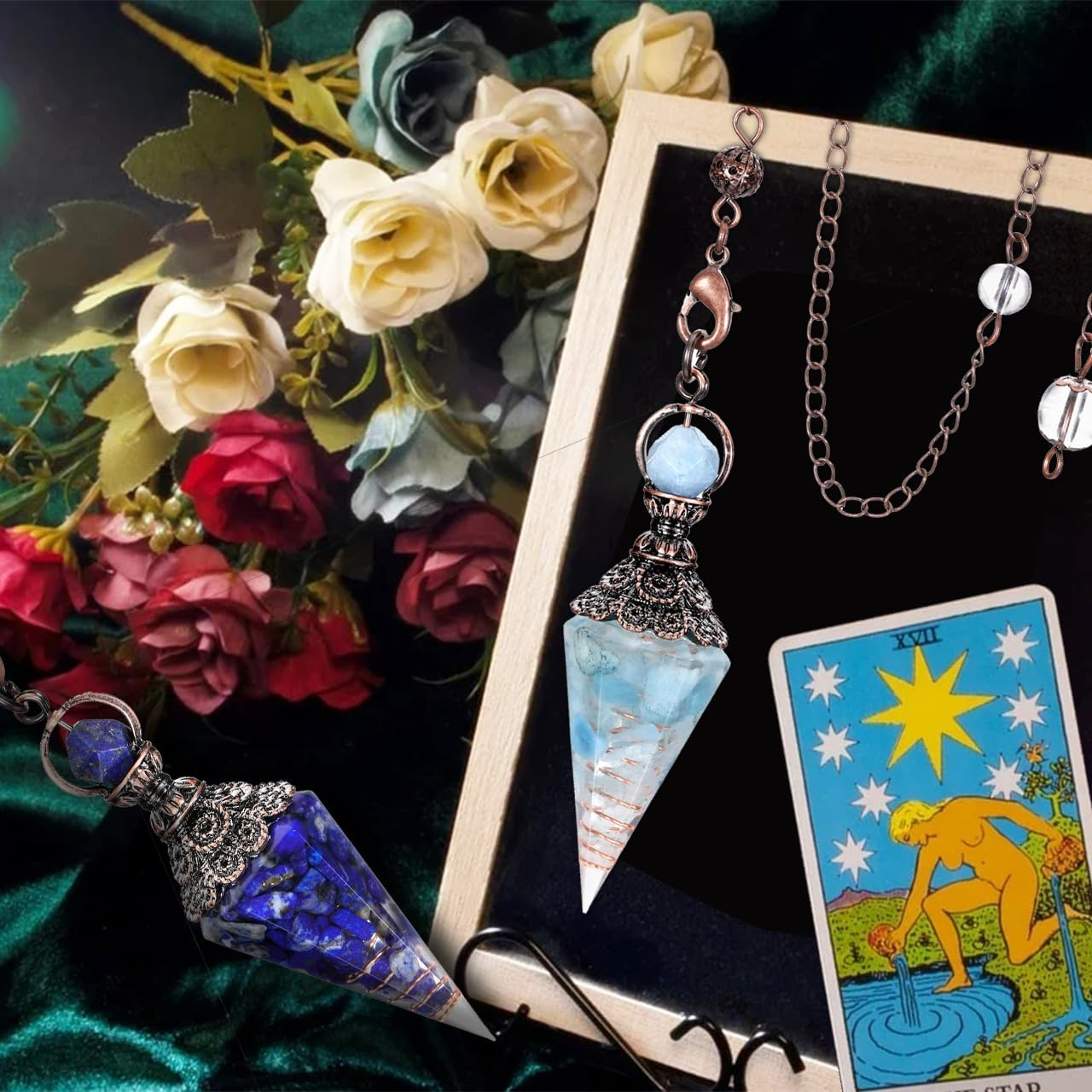 GEHECRST Natural Aquamarine Healing Crystal Dowsing Pendulum Reiki Gemstone Chips Orgone 6 Faceted Hexagonal Pointed Cone Resin Spiritual Pendant for Divination, Wicca, Energy Balancing (AKUS9022)