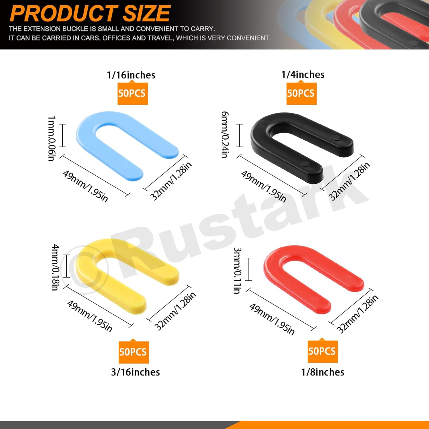 Rustark 200Pcs 4 Sizes Plastic Shims U Shaped Horseshoe Shim Tile Spacers Assortment Kit Black 1/4Inch, Yellow 3/16Inch, Red 1/8Inch, Blue 1/16Inch image number 1