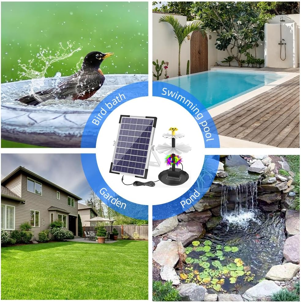 6W Solar Fountain Pump for Bird Bath with 12 LED Lights 9 Nozzles Built-In 1500Mah Battery Solar Powered Water Fountain Pump for Garden Pond Pool Fish Tank Aquarium and Outdoor Black BSV-SP006L image number 5
