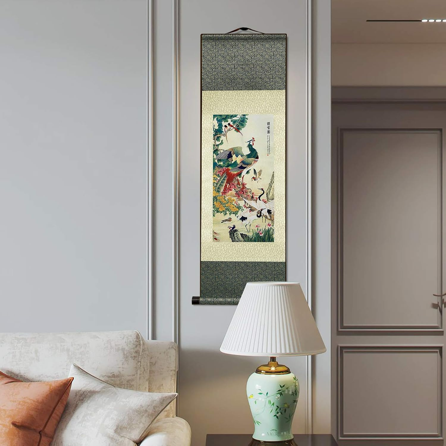 Silk Scroll Painting Asian Wall Decor Birds - Hundred Birds Respect the Phoenix Beautiful Chinese Art Wall Scroll Hanging Painting Scroll Oriental Decor(39 X 12 In) image number 4