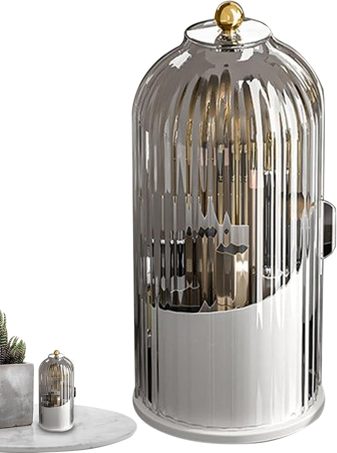 Bird Cage Cosmetic Tools Storage Organizer with Lid,Rotating Makeup Brush Organizer,360&deg; Makeup Brush Organizer, for Vanity, Desktop, Bathroom