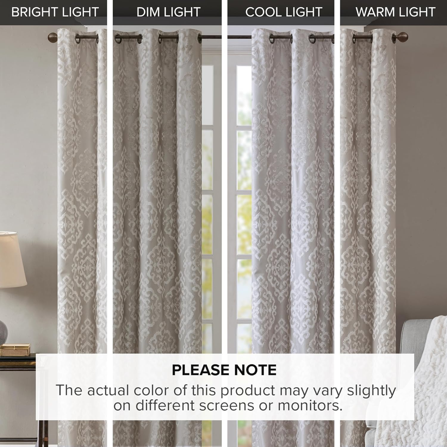 Sun Smart Mirage 100% Total Blackout Single Window Curtain, Knitted Jacquard Damask Room Darkening Curtain Panel with Grommet Top, 50 X 108 In, Silver