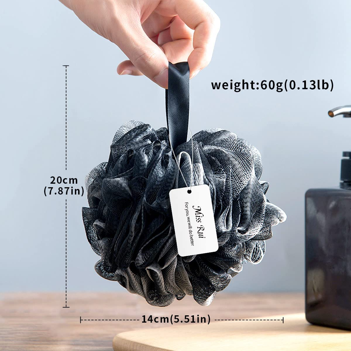 Missrui Shower Bath Sponge Shower Pouf Loofahs Balls 60G/Pcs for Body Wash Bathroom Men Women Kids- Set of 2 Black Sponges image number 4