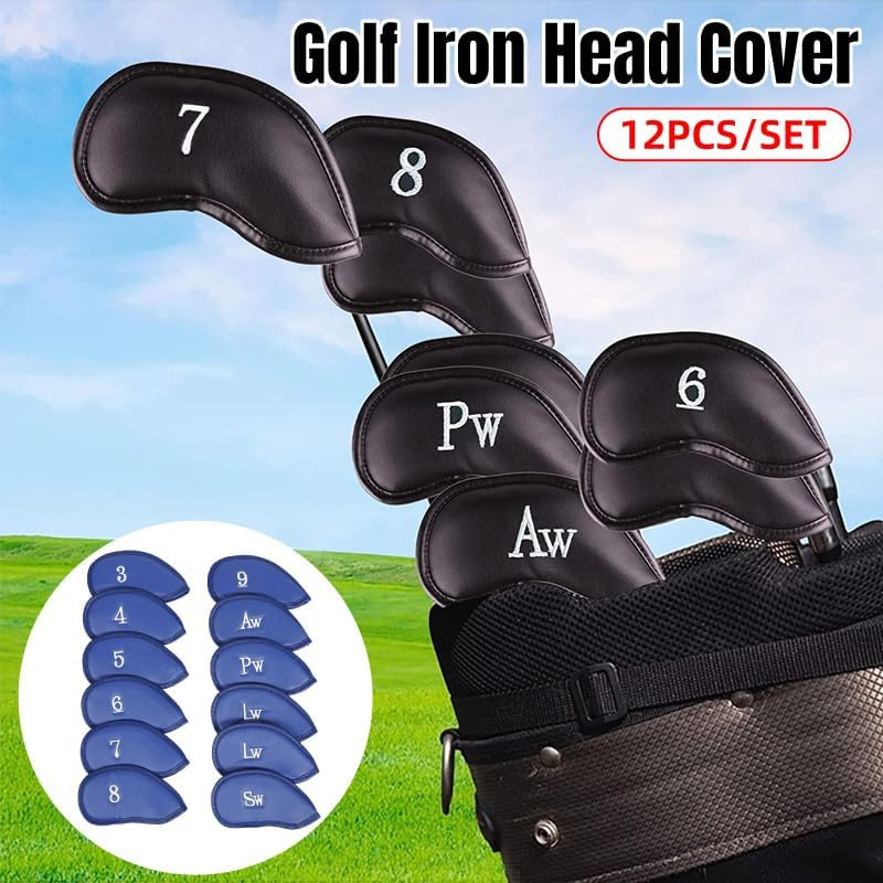 12 PCS Waterproof PU Leather Head Cover Golf Iron Club Putter Headcover 3-SW Set with Number Applique for Easy Recognition Black、Blue, Protective and Durable - Black Plain Pattern image number 3