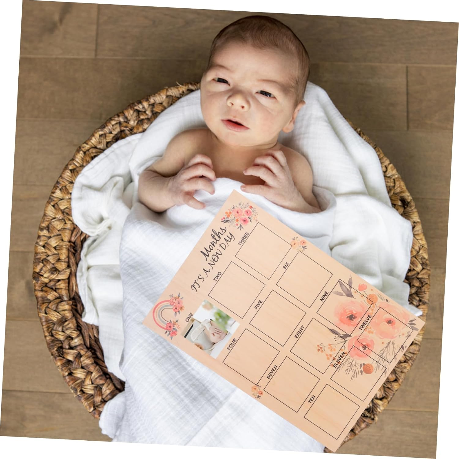 Newborn Milestone Photo Frame Months Growth Record Board Wooden Desktop Display for Keepsake Memories for Shower and Parents image number 4