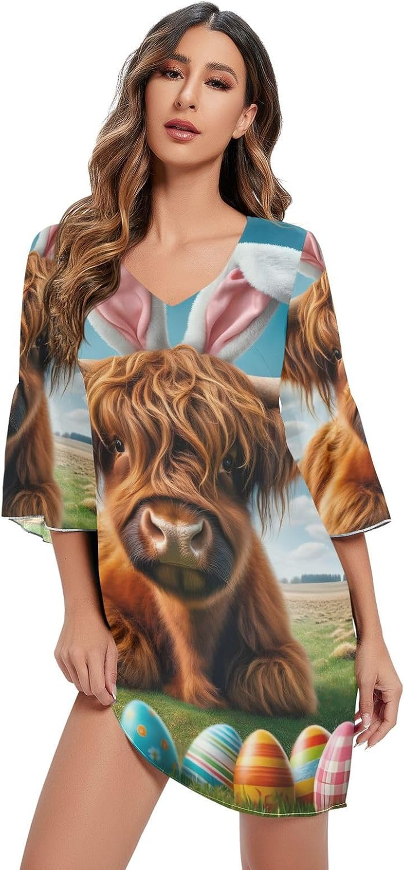 Easter Cute Highland Cow Chiffon Dress Printed Chiffon Line Maternity Dress image number 3