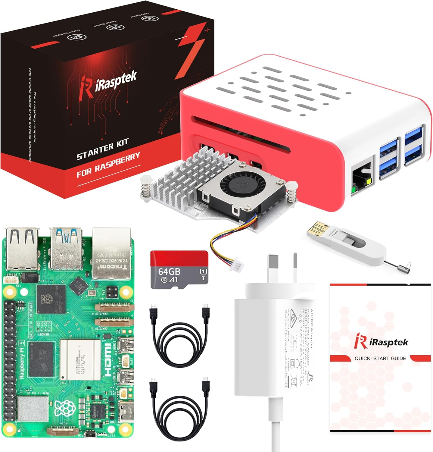 Irasptek Starter Kit for Raspberry Pi 5 8GB Ram-Pre-Loaded with 64GB Edition Raspberry Pi OS (Red & White Case) image number 3