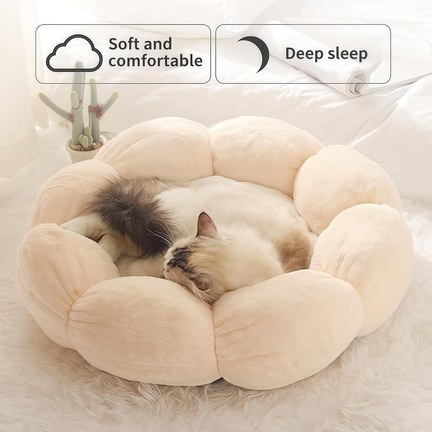 Life'Bea Flower Shaped Pet Bed for Cats & Small Dogs - Cozy & Calming Plush Cushion, Soft Rabbit Fur-Like Fabric, Non-Slip Bottom, Machine Washable - Deep Sleep-Light Green, 55Cm image number 3